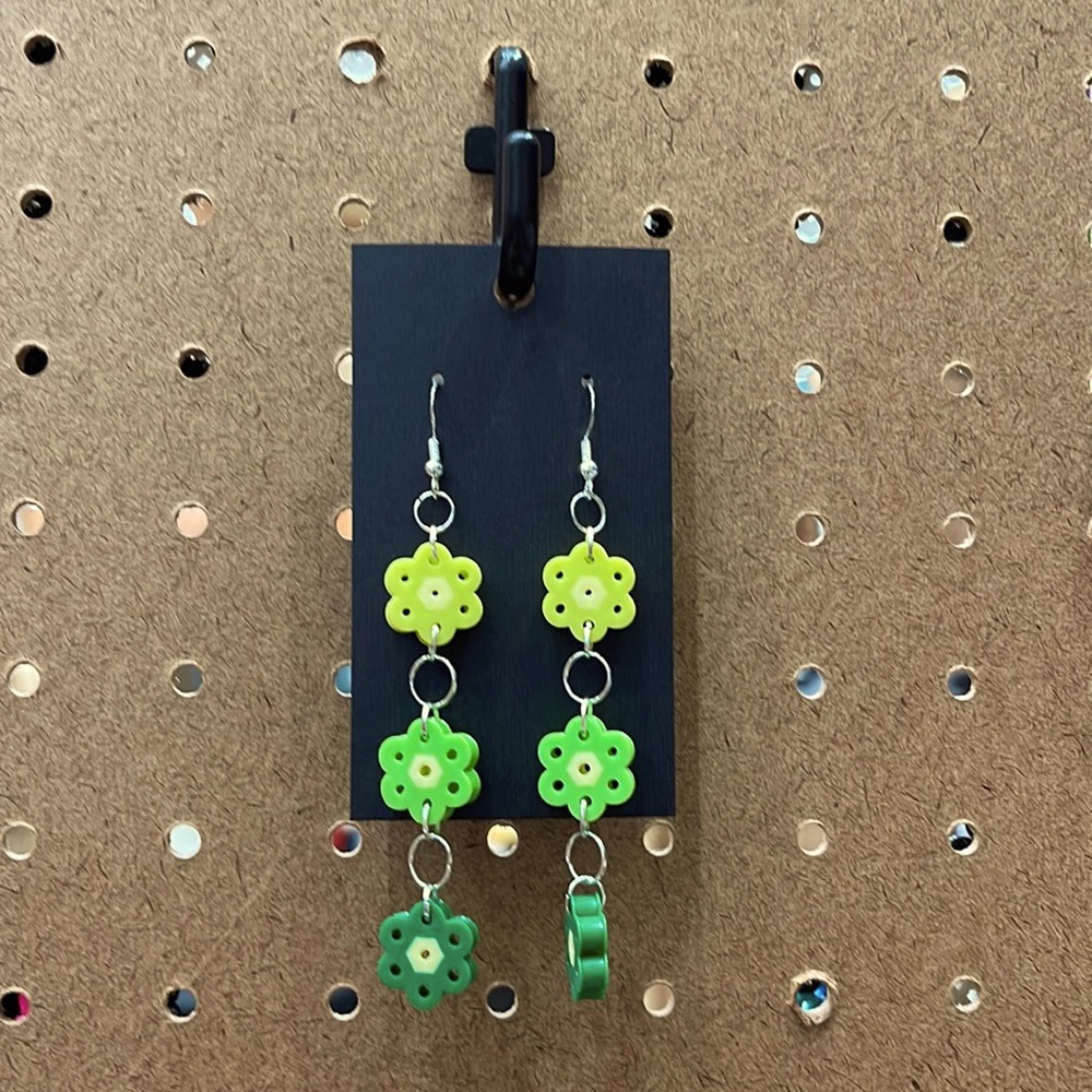 Green Flower Dangled Perler Bead Earrings